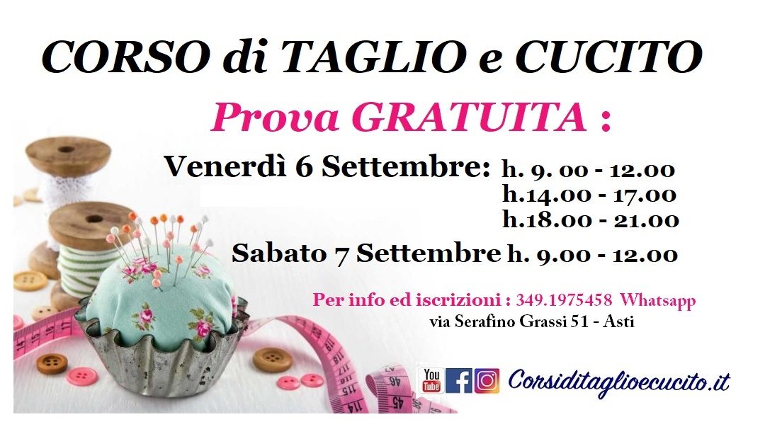 Venerdì 6 Sett. e Sabato 7 Sett. Corso di taglio e cucito – Prova GRATUITA